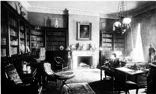 A black and white photograph of Anna Eliot Ticknor's House Library.